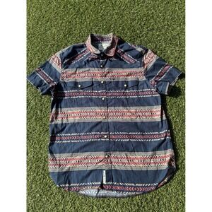Lucky Brand Mens Short Sleeve Button Down Shirt Aztec Print Blue Red Size M